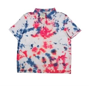 New Kim Rogers Essentials Womens XL Tie Dye Red White Blue Polo Patriotic Shirt